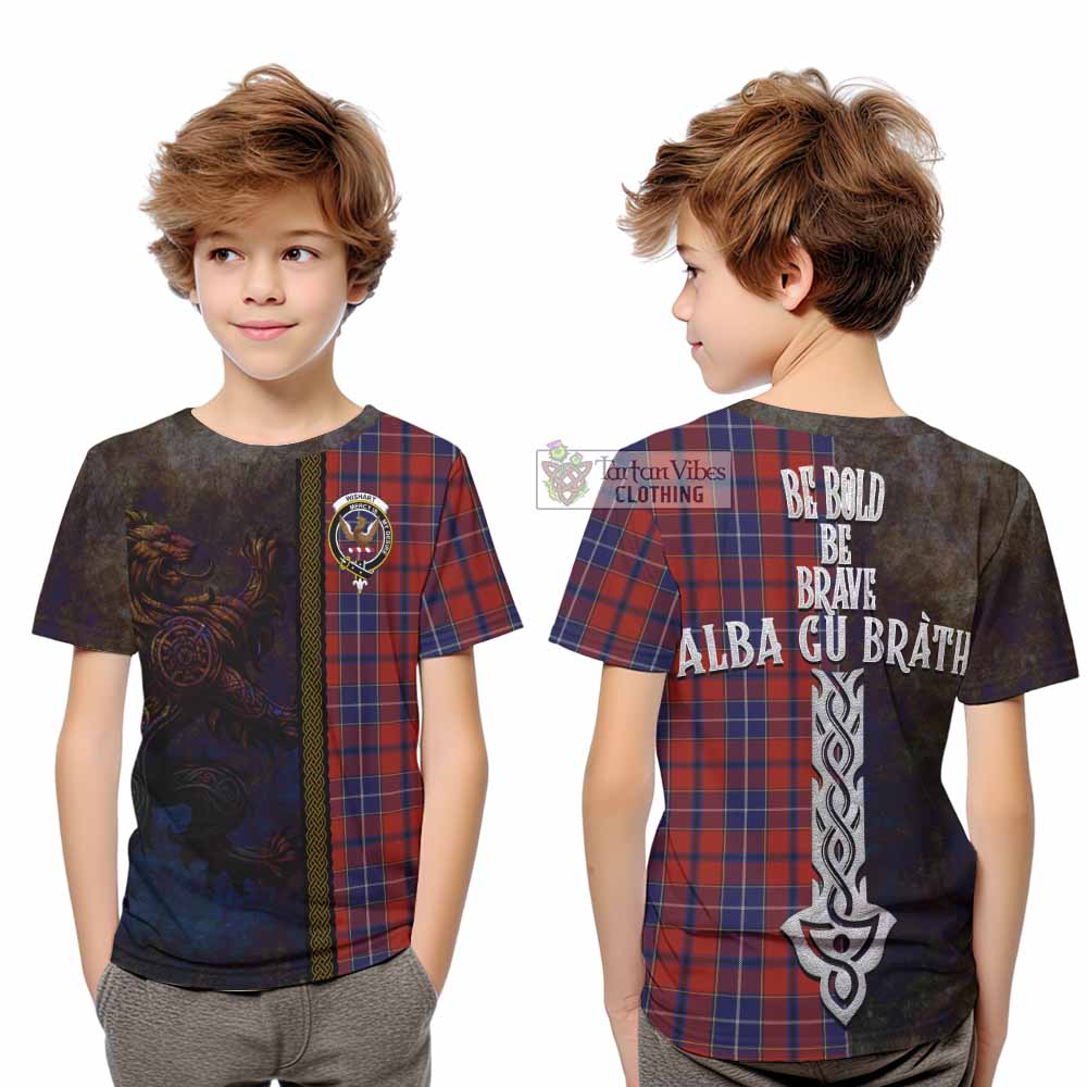 Tartan Vibes Clothing Wishart Tartan Family Crest Kid T-Shirt Alba Gu Brath Be Brave Lion Ancient Style