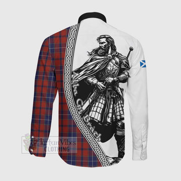 Tartan Vibes Clothing Wishart Tartan Clan Crest Long Sleeve Button Shirt with Highlander Warrior Celtic Style