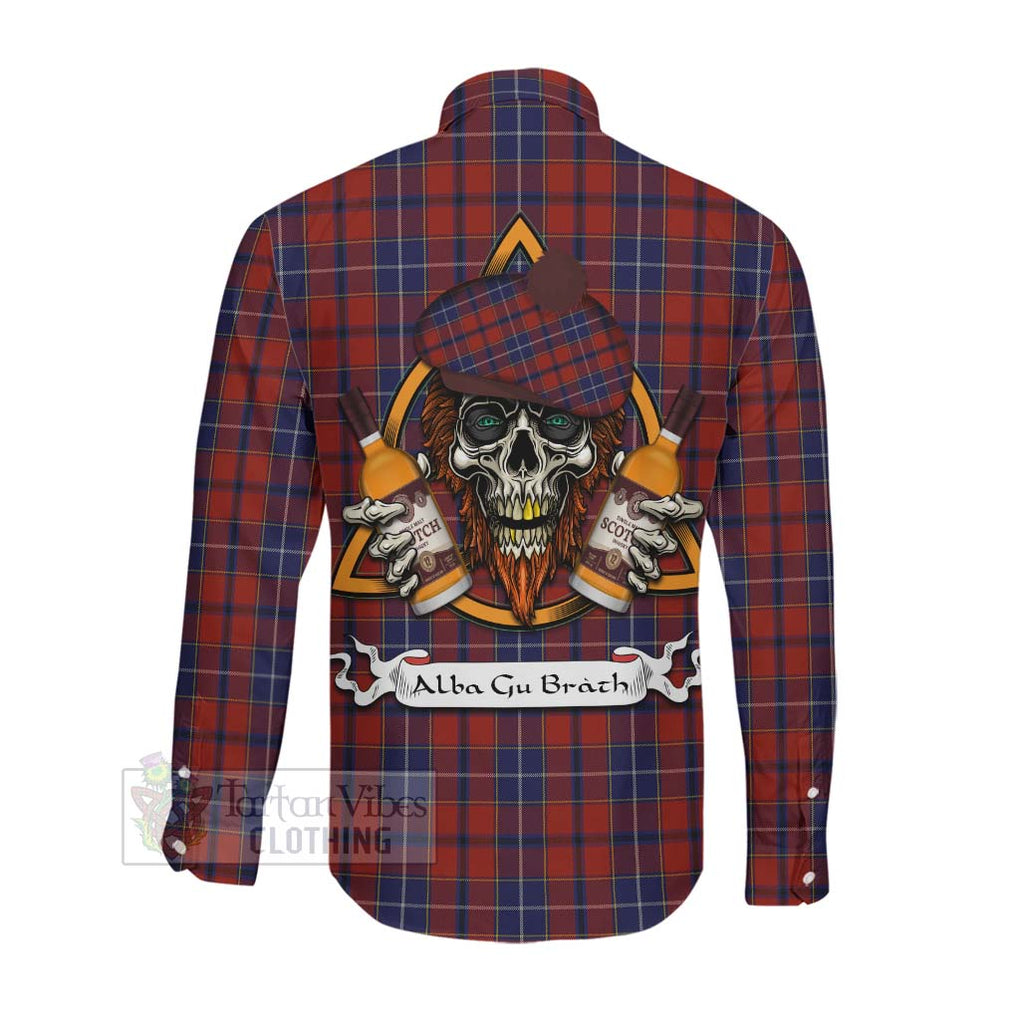 Tartan Vibes Clothing Wishart Tartan Long Sleeve Button Shirt with Family Crest and Bearded Skull Holding Bottles of Whiskey