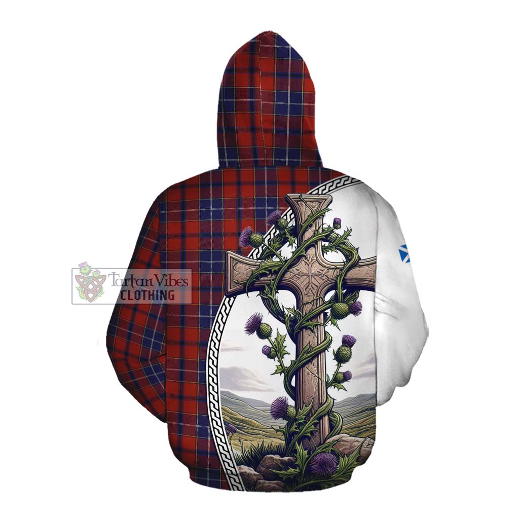 Tartan Vibes Clothing Wishart Tartan Cotton Hoodie with Family Crest and St. Andrew's Cross Accented by Thistle Vines