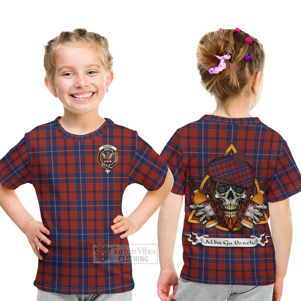 Tartan Vibes Clothing Wishart Tartan Kid T-Shirt with Family Crest and Bearded Skull Holding Bottles of Whiskey