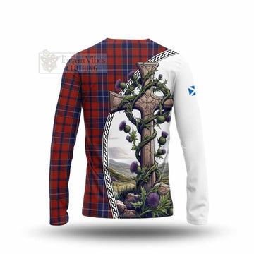 Tartan Vibes Clothing Wishart Tartan Long Sleeve T-Shirt with Family Crest and St. Andrew's Cross Accented by Thistle Vines