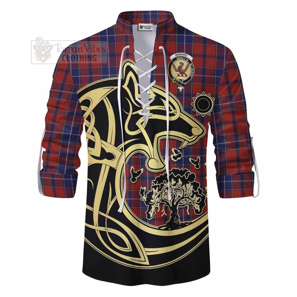 Tartan Vibes Clothing Wishart Tartan Ghillie Kilt Shirt with Family Crest Celtic Wolf Style