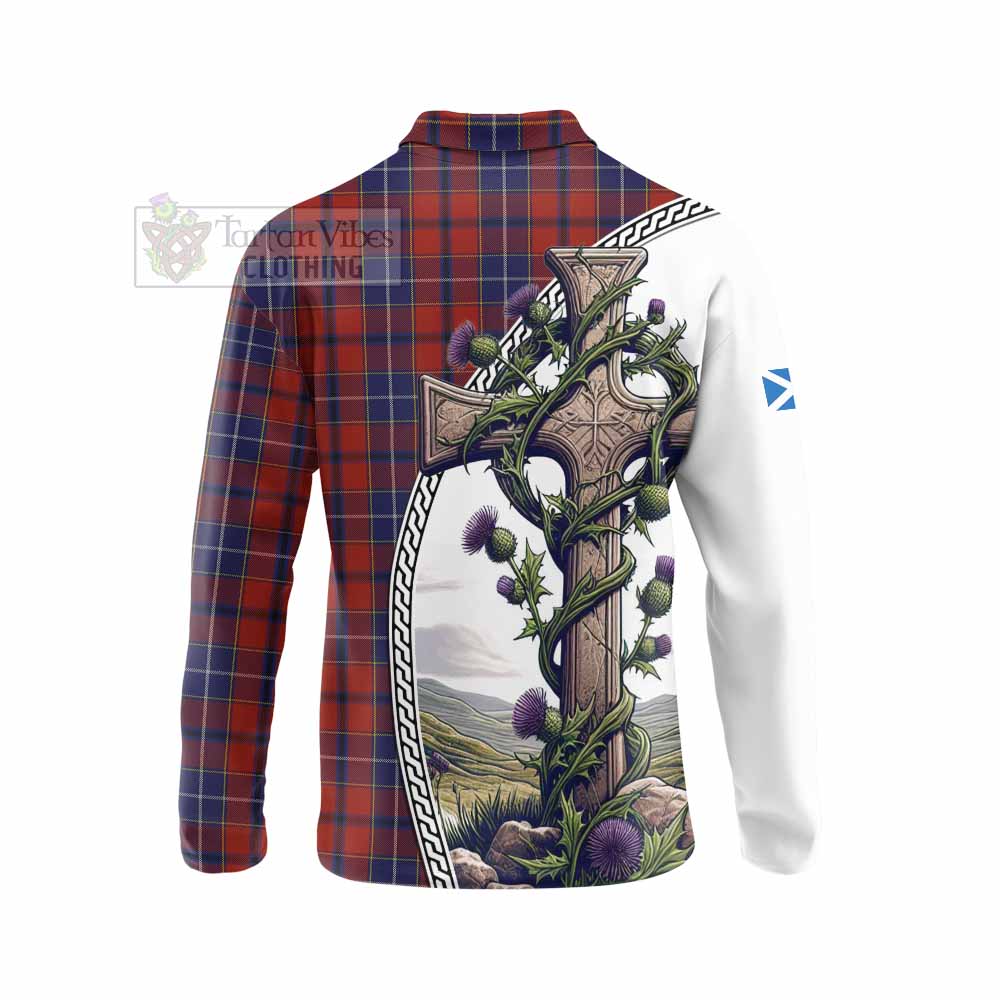 Tartan Vibes Clothing Wishart Tartan Long Sleeve Polo Shirt with Family Crest and St. Andrew's Cross Accented by Thistle Vines