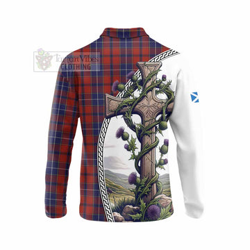 Tartan Vibes Clothing Wishart Tartan Long Sleeve Polo Shirt with Family Crest and St. Andrew's Cross Accented by Thistle Vines