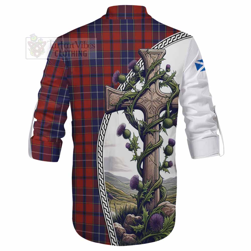 Tartan Vibes Clothing Wishart Tartan Ghillie Kilt Shirt with Family Crest and St. Andrew's Cross Accented by Thistle Vines