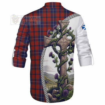 Tartan Vibes Clothing Wishart Tartan Ghillie Kilt Shirt with Family Crest and St. Andrew's Cross Accented by Thistle Vines