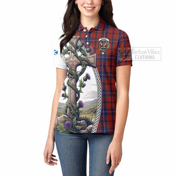 Tartan Vibes Clothing Wishart Tartan Women's Polo Shirt with Family Crest and St. Andrew's Cross Accented by Thistle Vines