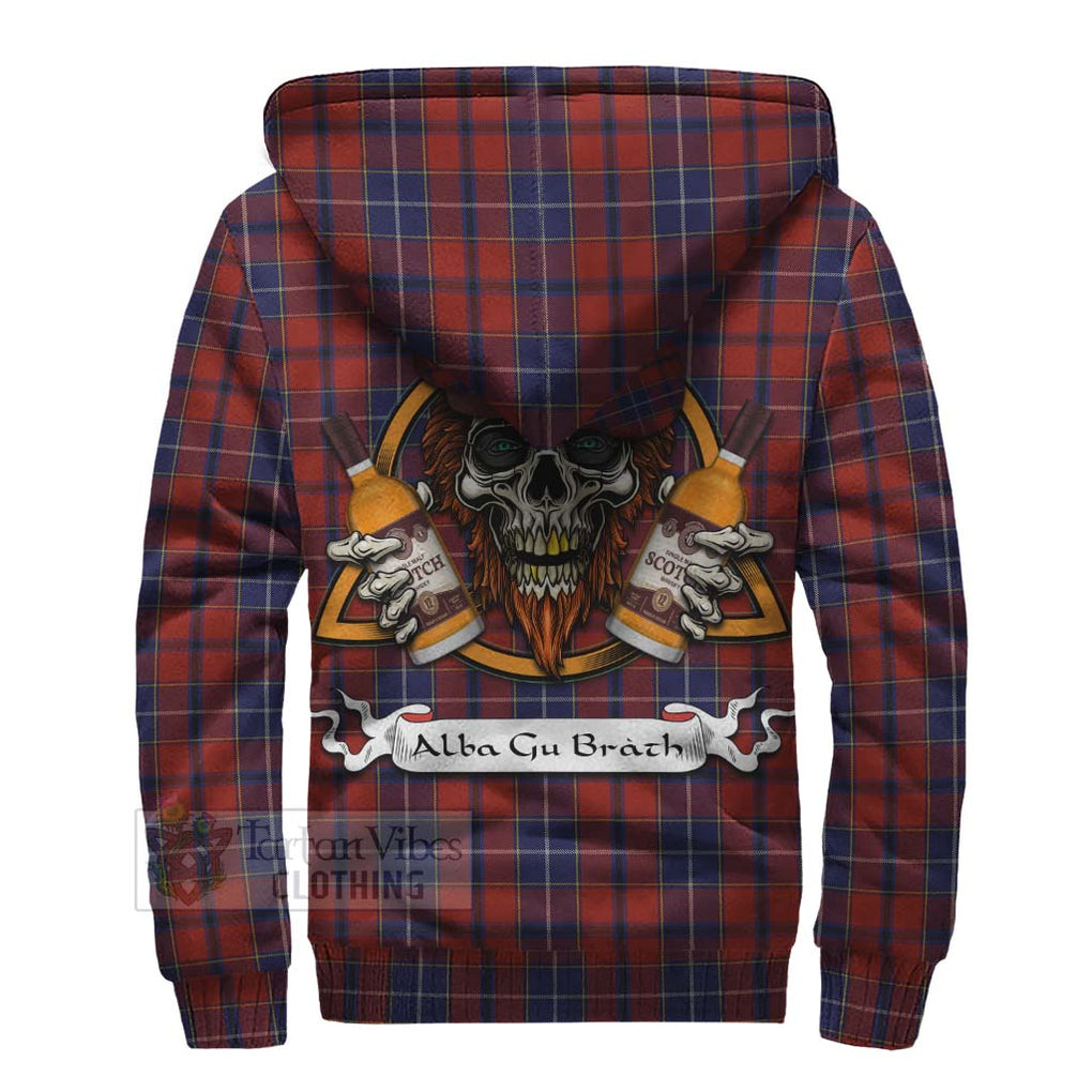Tartan Vibes Clothing Wishart Tartan Sherpa Hoodie with Family Crest and Bearded Skull Holding Bottles of Whiskey