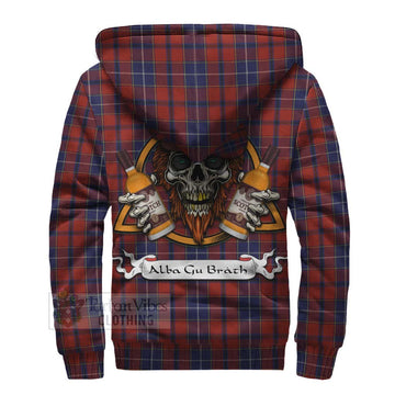 Tartan Vibes Clothing Wishart Tartan Sherpa Hoodie with Family Crest and Bearded Skull Holding Bottles of Whiskey