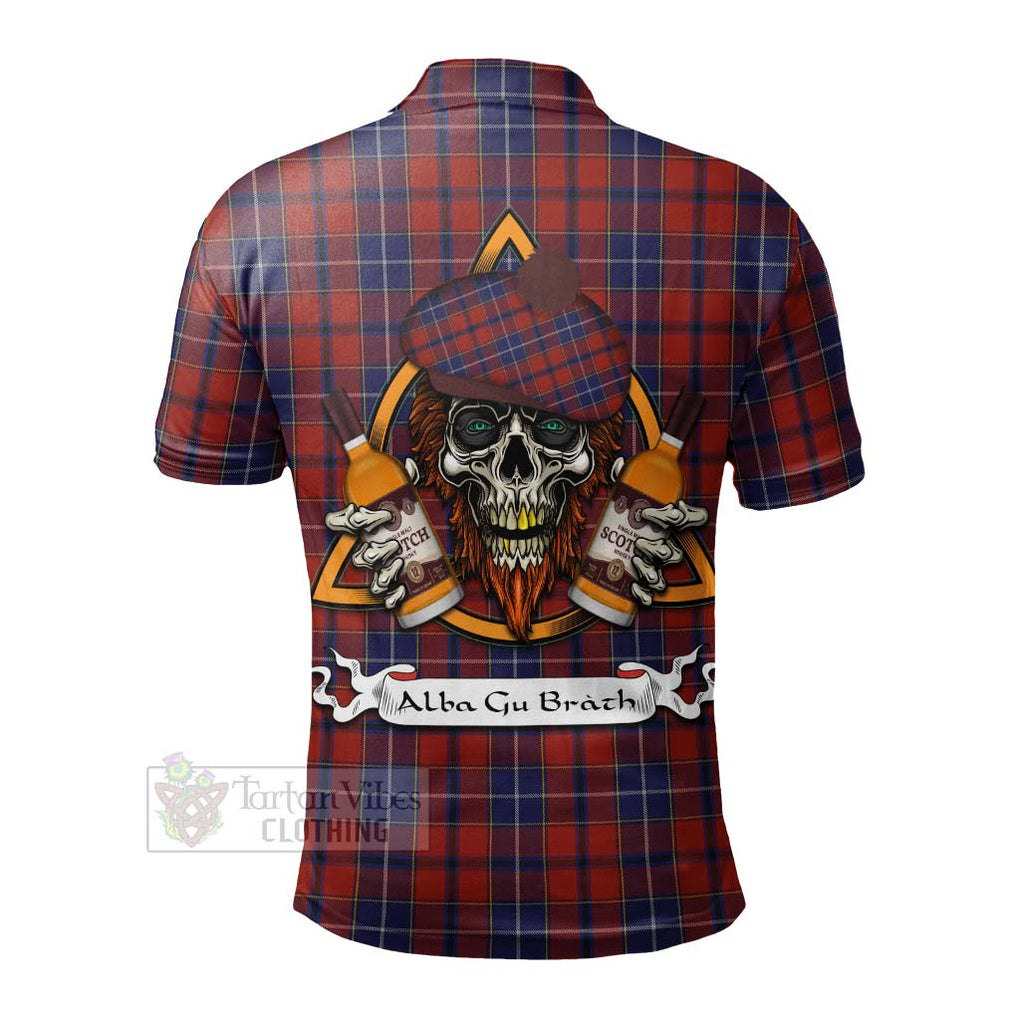 Tartan Vibes Clothing Wishart Tartan Polo Shirt with Family Crest and Bearded Skull Holding Bottles of Whiskey