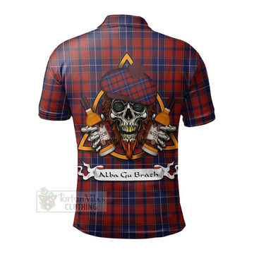 Tartan Vibes Clothing Wishart Tartan Polo Shirt with Family Crest and Bearded Skull Holding Bottles of Whiskey