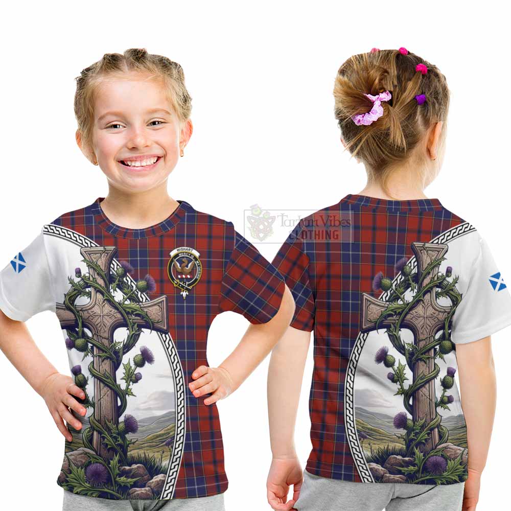 Tartan Vibes Clothing Wishart Tartan Kid T-Shirt with Family Crest and St. Andrew's Cross Accented by Thistle Vines
