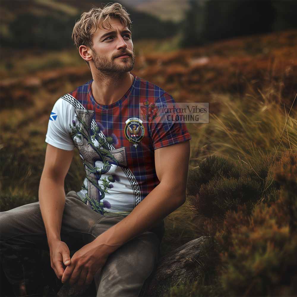 Tartan Vibes Clothing Wishart Agnew Tartan T-Shirt with Family Crest and St. Andrew's Cross Accented by Thistle Vines