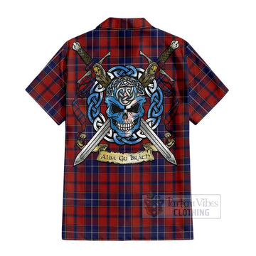 Tartan Vibes Clothing Wishart Tartan Short Sleeve Button Shirt with Family Crest Celtic Skull Style