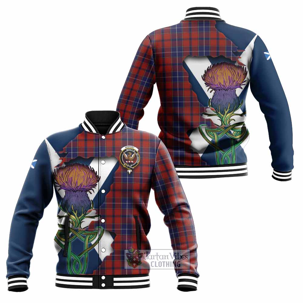 Tartan Vibes Clothing Wishart Tartan Family Crest Baseball Jacket Scottish Thistle Celtic Inspired