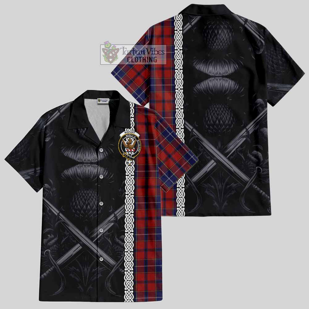 Tartan Vibes Clothing Wishart Tartan Short Sleeve Button Shirt with Family Crest Cross Sword Thistle Celtic Vibes
