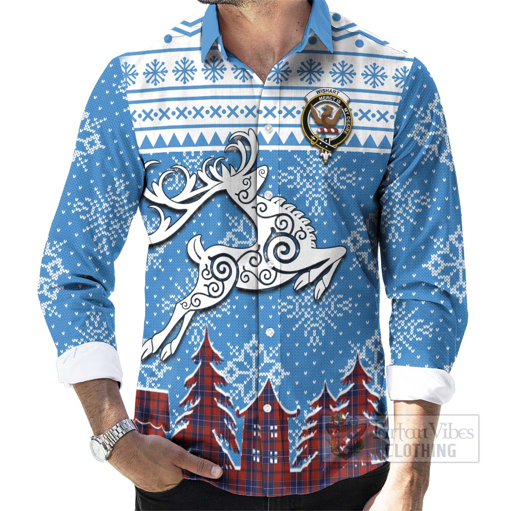 Tartan Vibes Clothing Wishart Clan Christmas Long Sleeve Button Shirt Celtic Reindeer Style