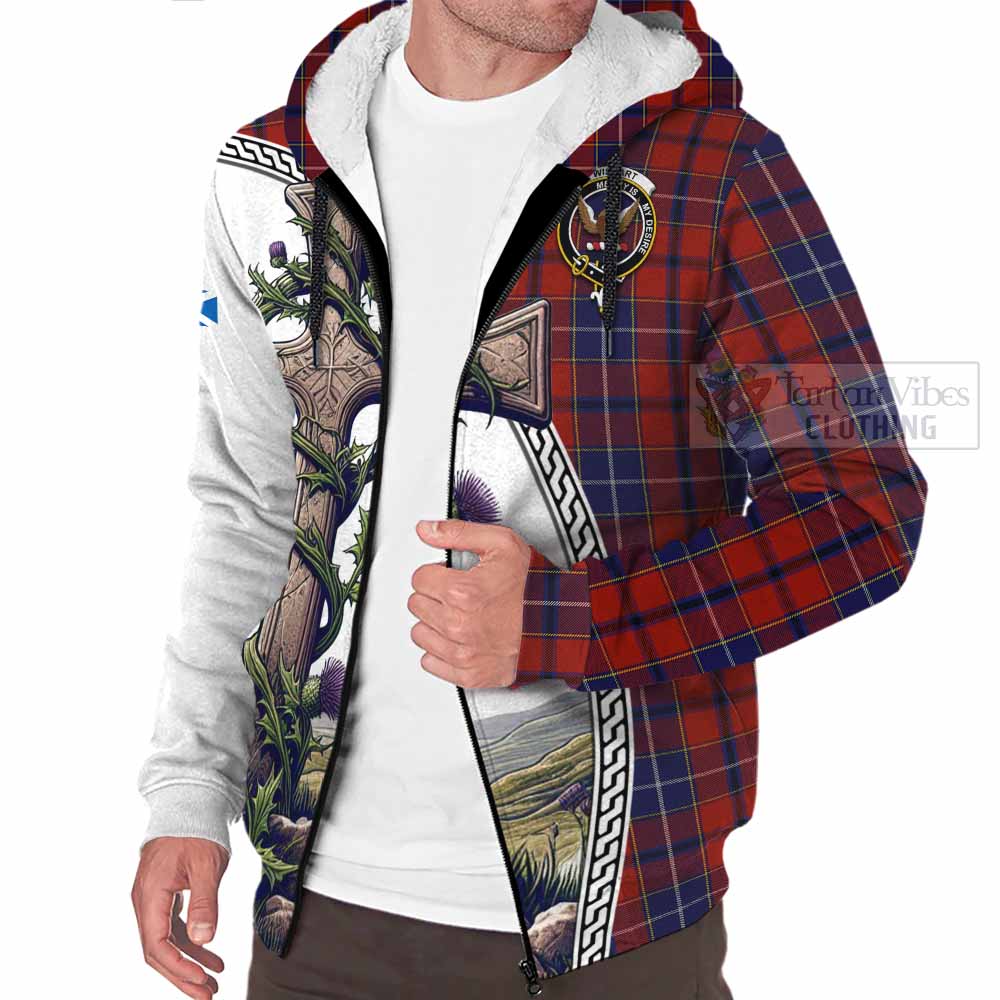 Tartan Vibes Clothing Wishart Tartan Sherpa Hoodie with Family Crest and St. Andrew's Cross Accented by Thistle Vines