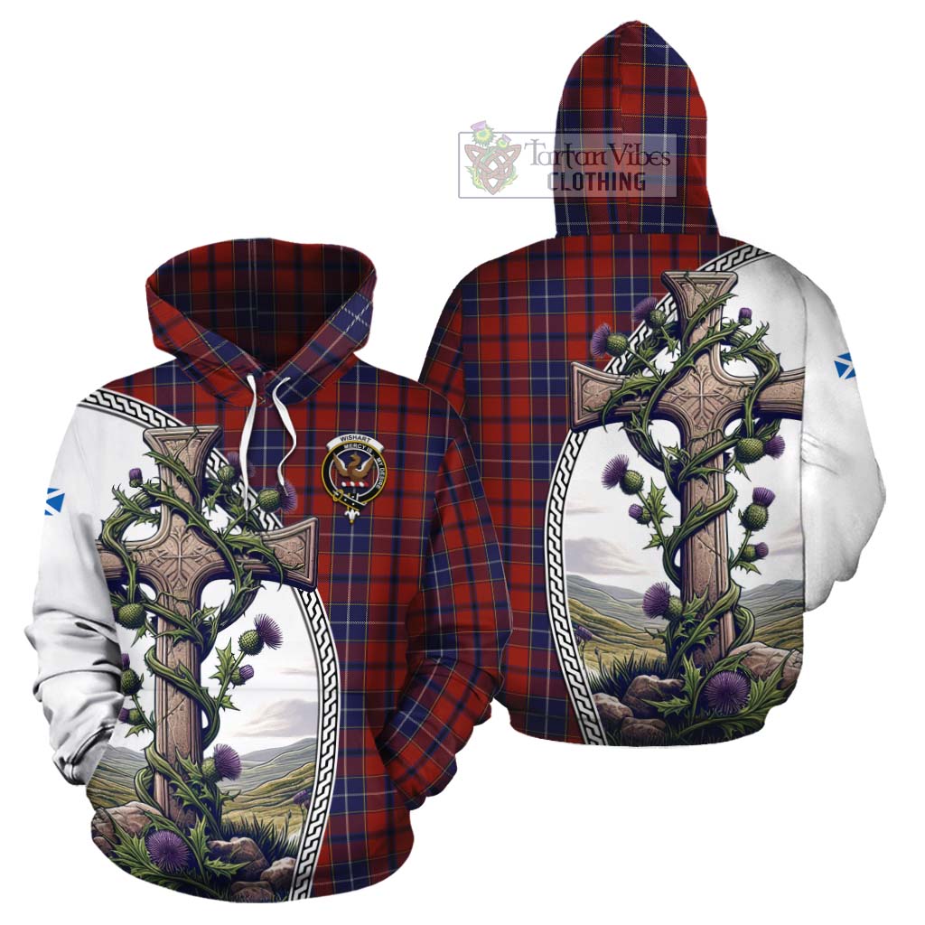 Tartan Vibes Clothing Wishart Tartan Cotton Hoodie with Family Crest and St. Andrew's Cross Accented by Thistle Vines