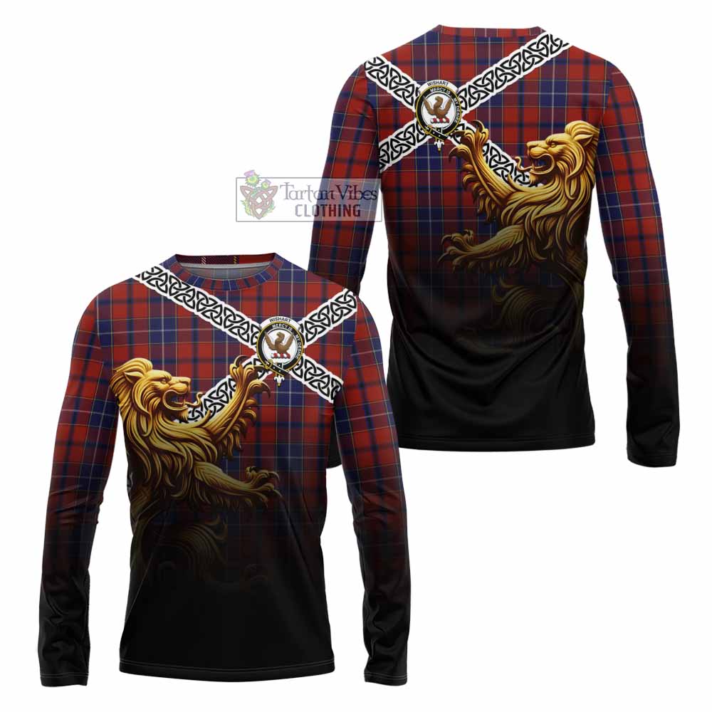 Tartan Vibes Clothing Wishart Crest Tartan Long Sleeve T-Shirt with Golden Lion Emblem Celtic Style