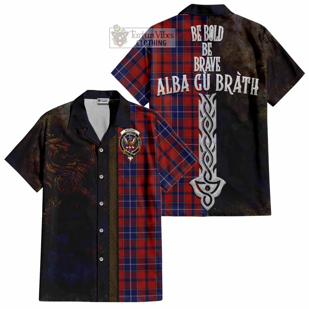 Tartan Vibes Clothing Wishart Tartan Family Crest Short Sleeve Button Shirt Alba Gu Brath Be Brave Lion Ancient Style
