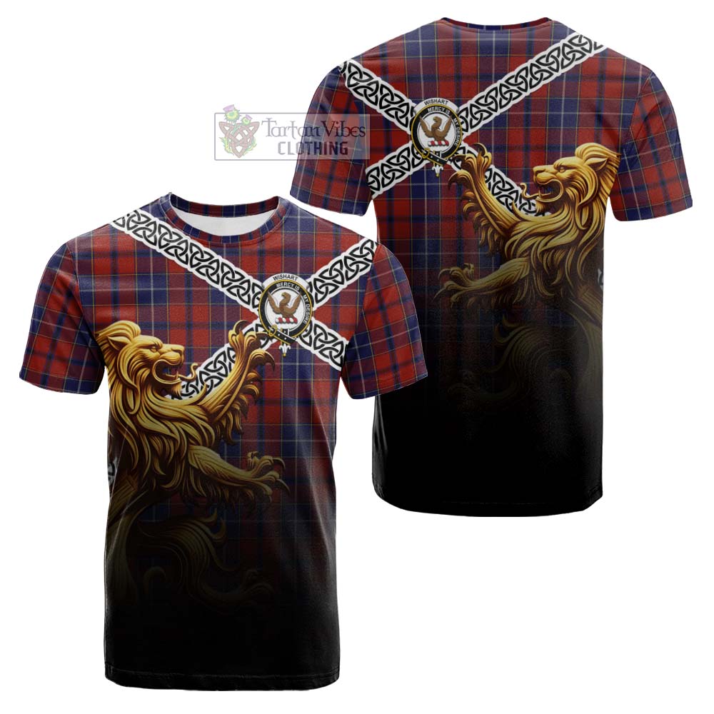 Tartan Vibes Clothing Wishart Crest Tartan Cotton T-shirt with Golden Lion Emblem Celtic Style