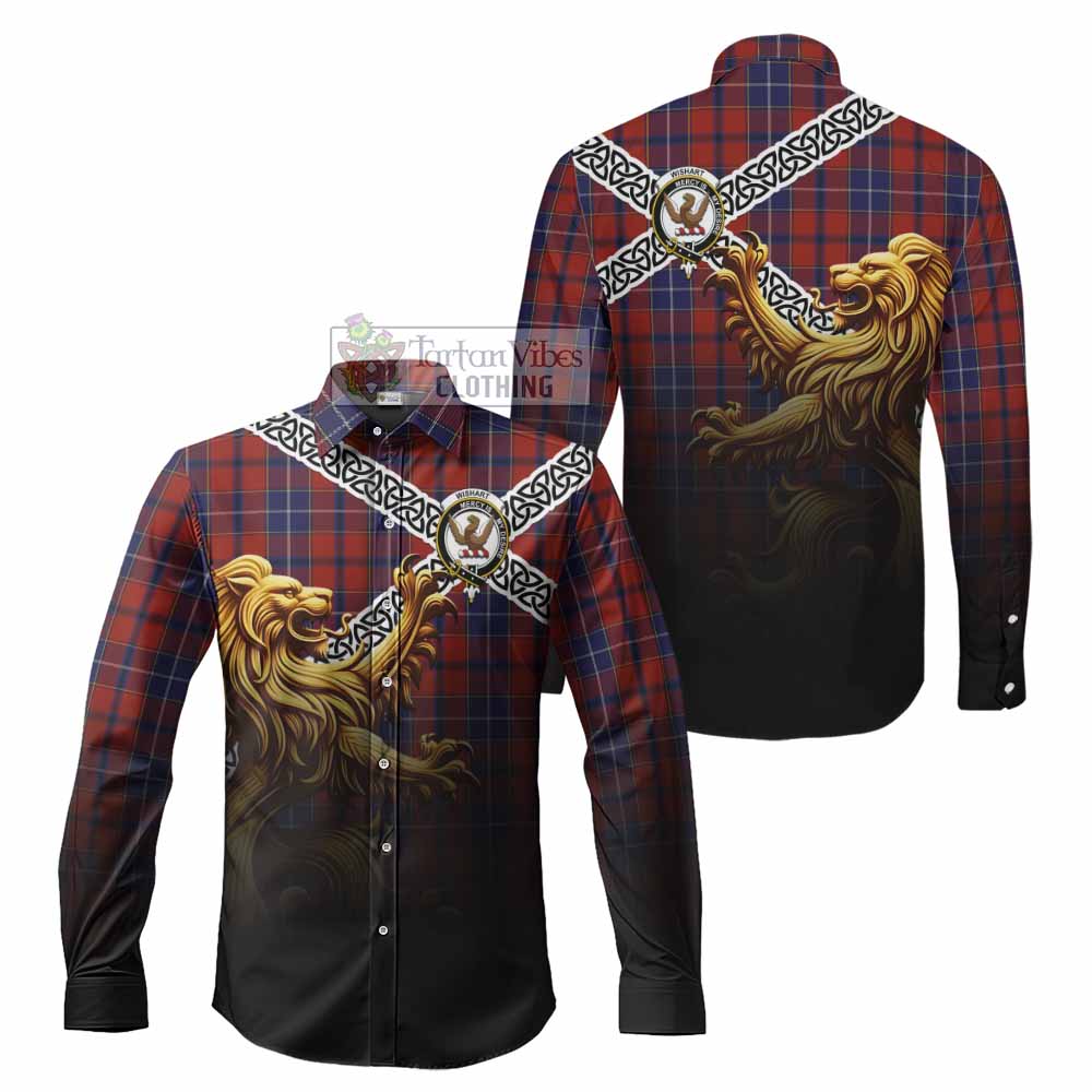 Tartan Vibes Clothing Wishart Crest Tartan Long Sleeve Button Shirt with Golden Lion Emblem Celtic Style