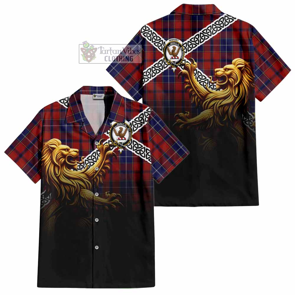 Tartan Vibes Clothing Wishart Crest Tartan Short Sleeve Button Shirt with Golden Lion Emblem Celtic Style