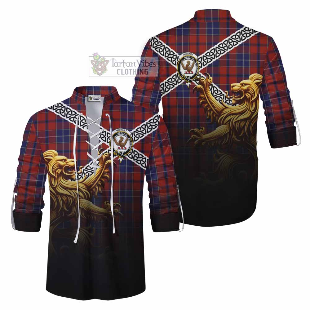 Tartan Vibes Clothing Wishart Crest Tartan Ghillie Kilt Shirt with Golden Lion Emblem Celtic Style
