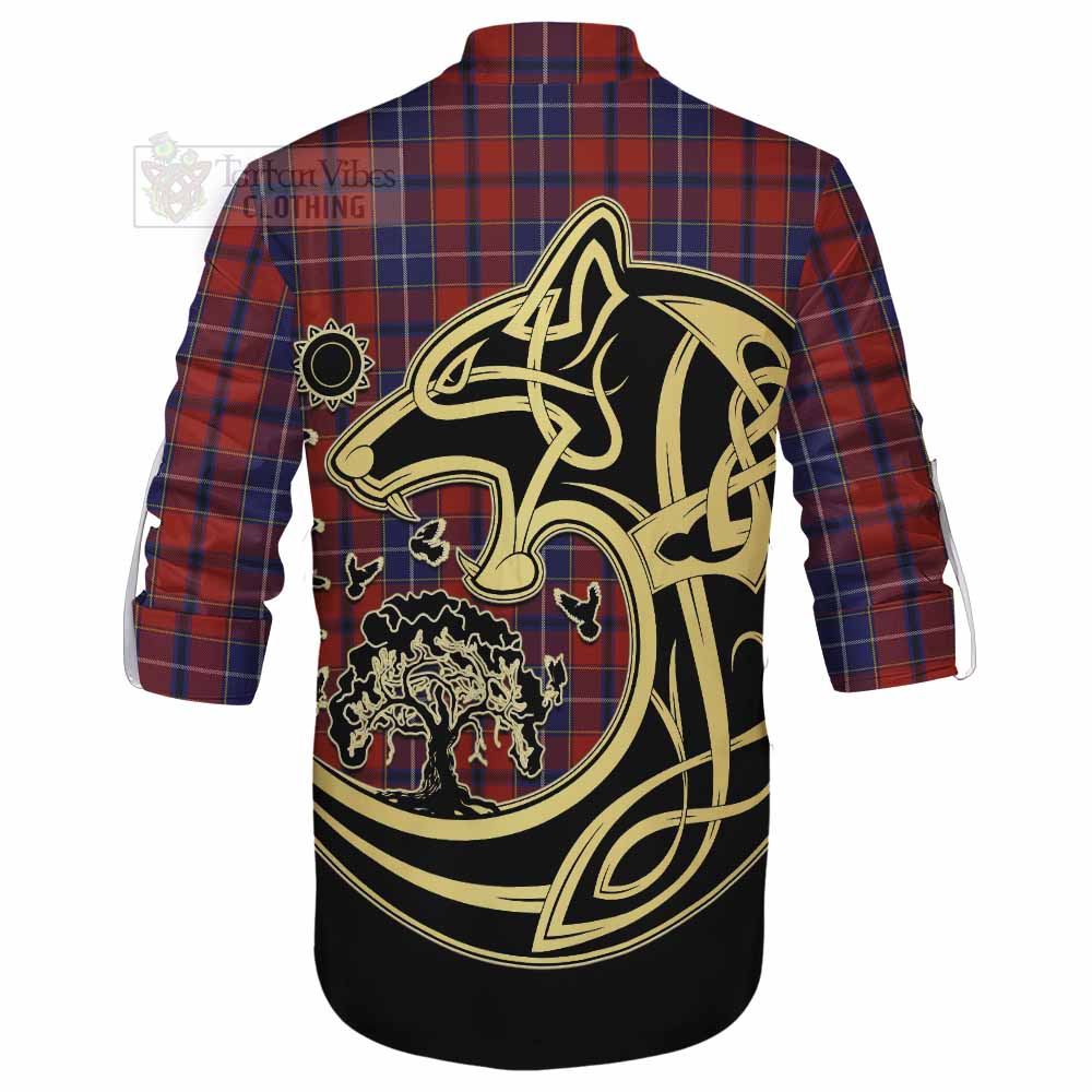 Tartan Vibes Clothing Wishart Tartan Ghillie Kilt Shirt with Family Crest Celtic Wolf Style