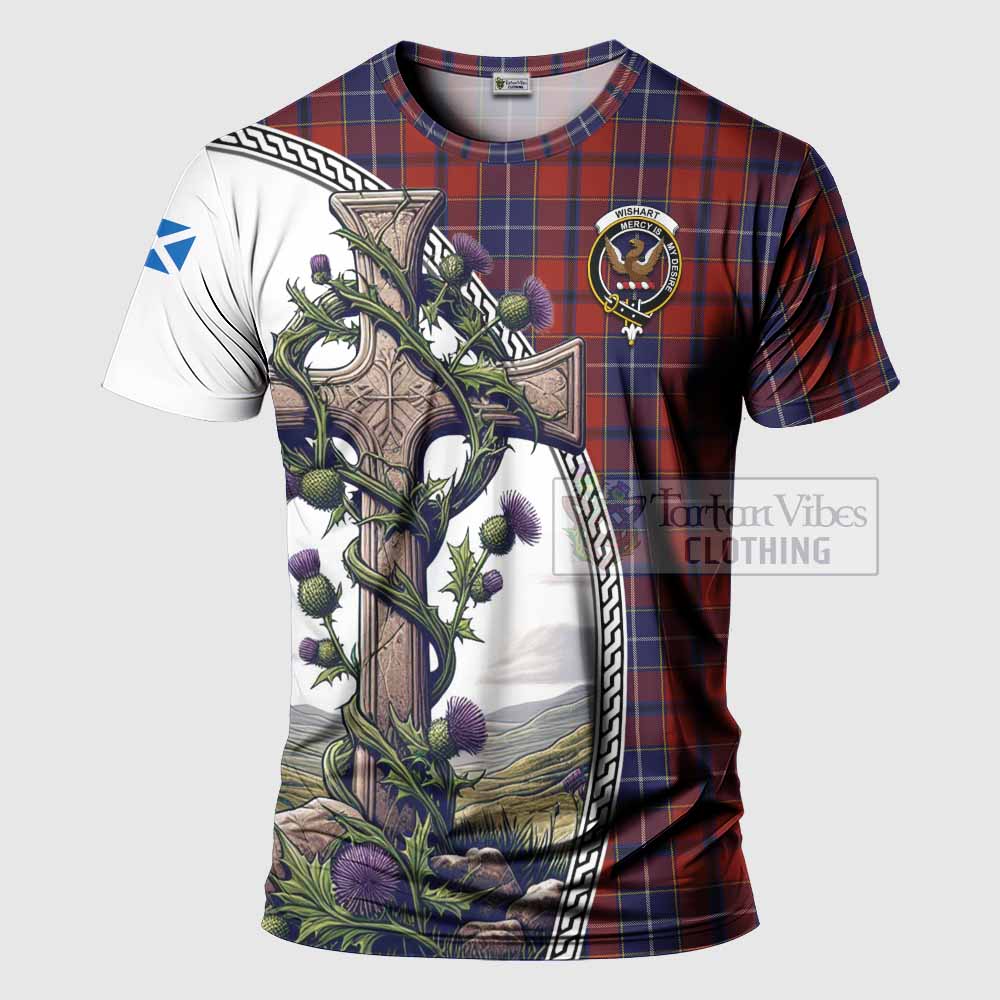 Tartan Vibes Clothing Wishart Agnew Tartan T-Shirt with Family Crest and St. Andrew's Cross Accented by Thistle Vines