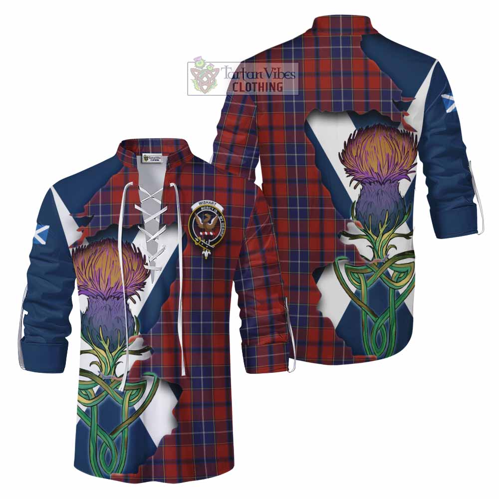 Tartan Vibes Clothing Wishart Tartan Family Crest Ghillie Kilt Shirt Scottish Thistle Celtic Inspired