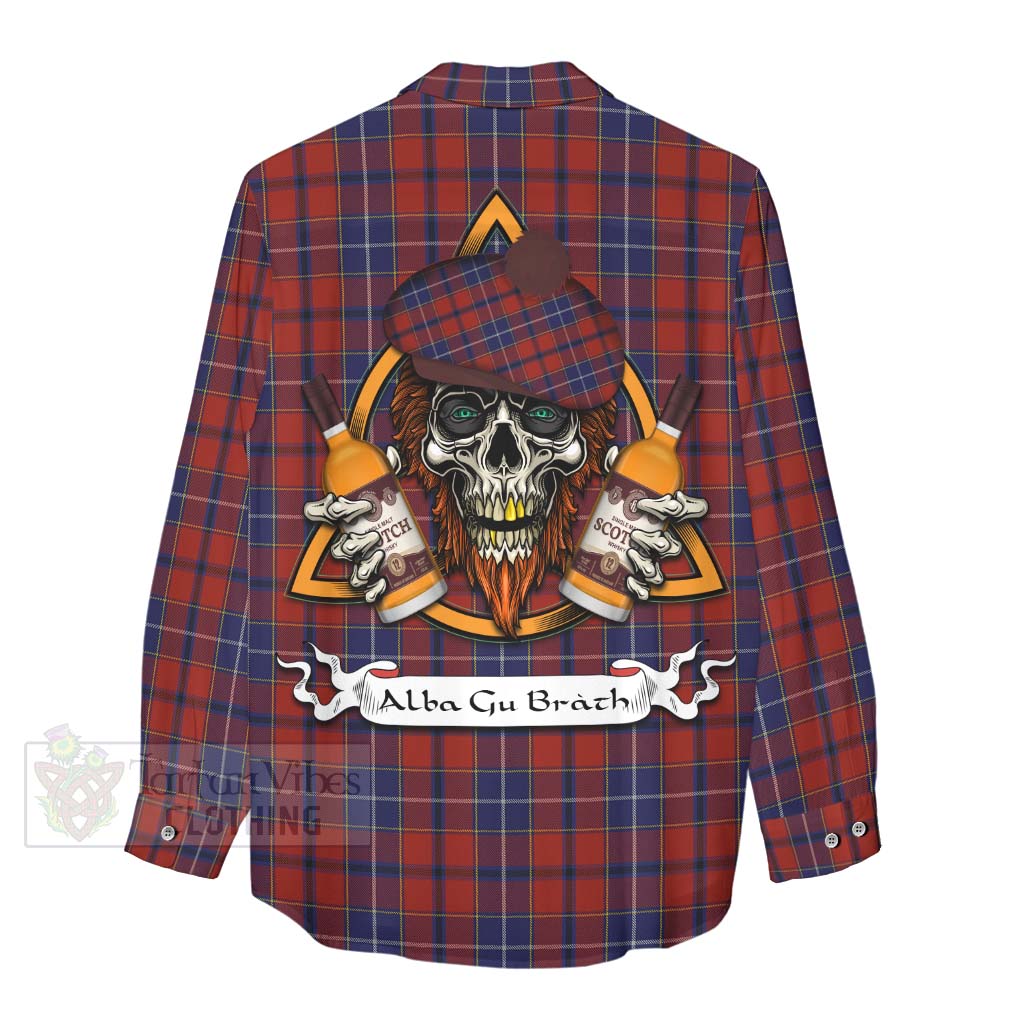 Tartan Vibes Clothing Wishart Tartan Women's Casual Shirt with Family Crest and Bearded Skull Holding Bottles of Whiskey