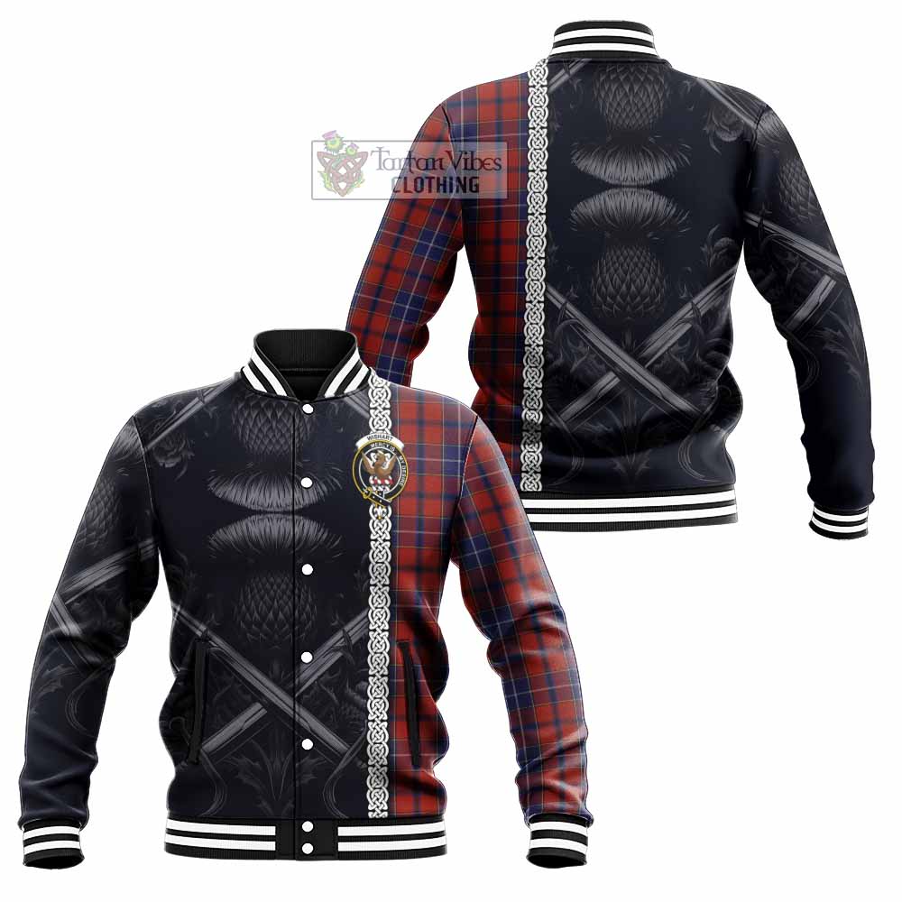 Tartan Vibes Clothing Wishart Tartan Baseball Jacket with Family Crest Cross Sword Thistle Celtic Vibes