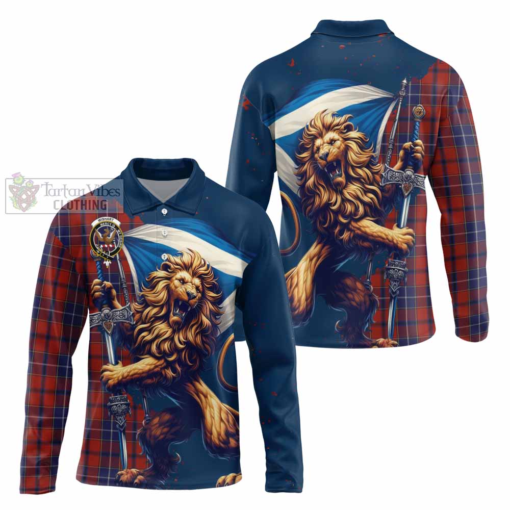 Tartan Vibes Clothing Wishart Tartan Family Crest Long Sleeve Polo Shirt with Scottish Majestic Lion