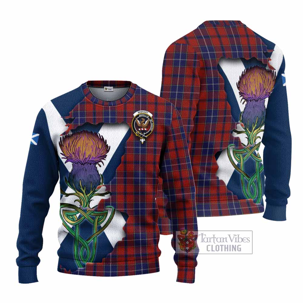 Tartan Vibes Clothing Wishart Tartan Family Crest Knitted Sweater Scottish Thistle Celtic Inspired