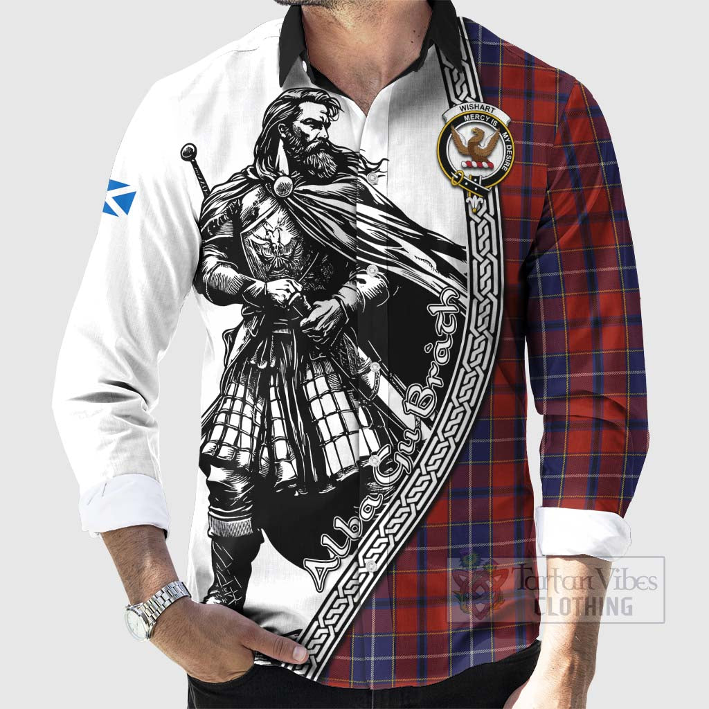 Tartan Vibes Clothing Wishart Tartan Clan Crest Long Sleeve Button Shirt with Highlander Warrior Celtic Style