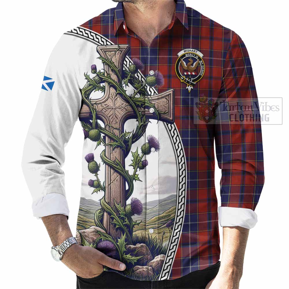 Tartan Vibes Clothing Wishart Tartan Long Sleeve Button Shirt with Family Crest and St. Andrew's Cross Accented by Thistle Vines