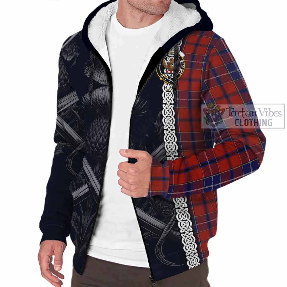 Tartan Vibes Clothing Wishart Tartan Sherpa Hoodie with Family Crest Cross Sword Thistle Celtic Vibes