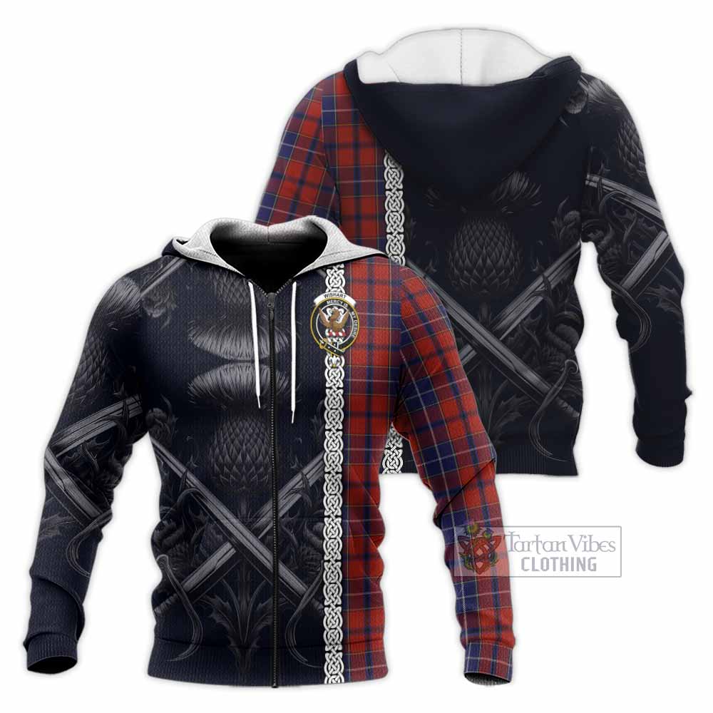 Tartan Vibes Clothing Wishart Tartan Knitted Hoodie with Family Crest Cross Sword Thistle Celtic Vibes