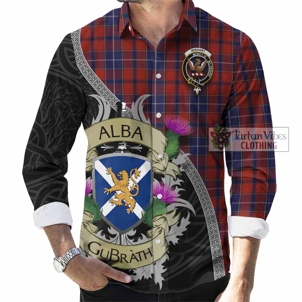 Tartan Vibes Clothing Wishart Tartan Family Crest Long Sleeve Button Shirt Lion Rampant Royal Thistle Shield Celtic Inspired