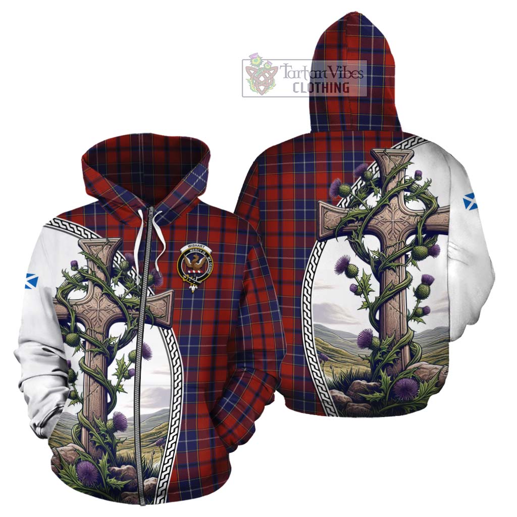 Tartan Vibes Clothing Wishart Tartan Cotton Hoodie with Family Crest and St. Andrew's Cross Accented by Thistle Vines