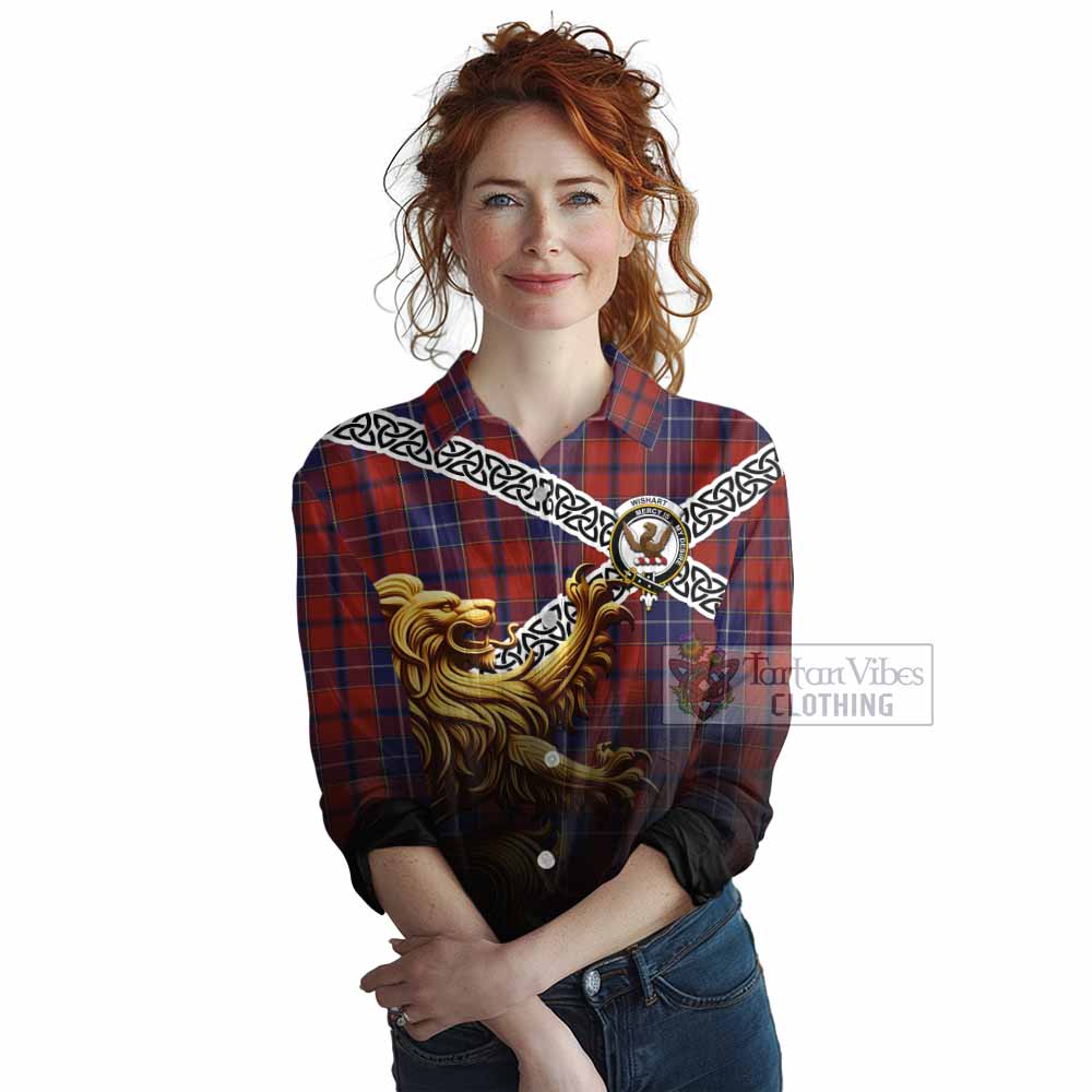 Tartan Vibes Clothing Wishart Crest Tartan Women's Casual Shirt with Golden Lion Emblem Celtic Style