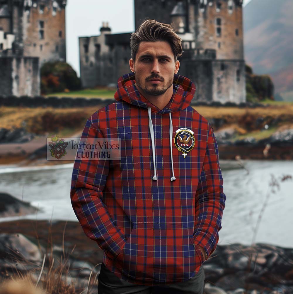Tartan Vibes Clothing Wishart Tartan Cotton Hoodie with Family Crest and Bearded Skull Holding Bottles of Whiskey