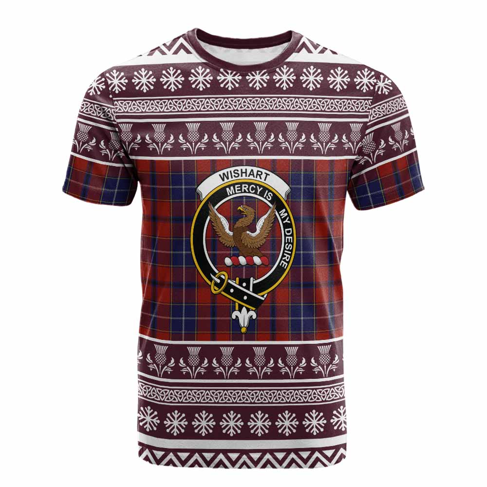 Wishart Clan Tartan Christmas Cotton T-shirt with Family Crest - Tartan Vibes Clothing