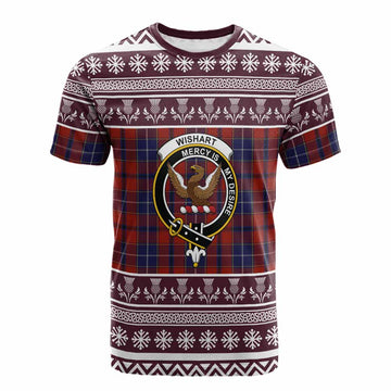 Wishart Clan Tartan Christmas Cotton T-shirt with Family Crest