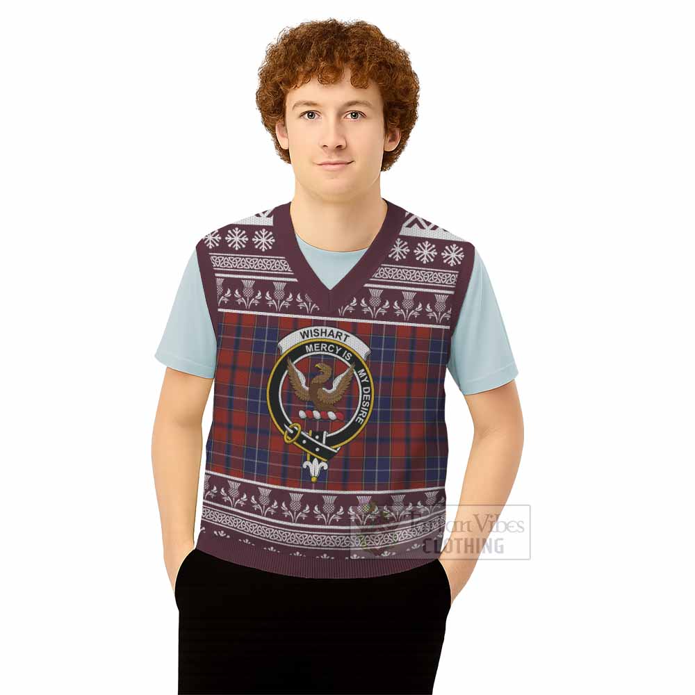 Wishart Clan Tartan Christmas Knitted V-Neck Vest with Family Crest - Tartan Vibes Clothing