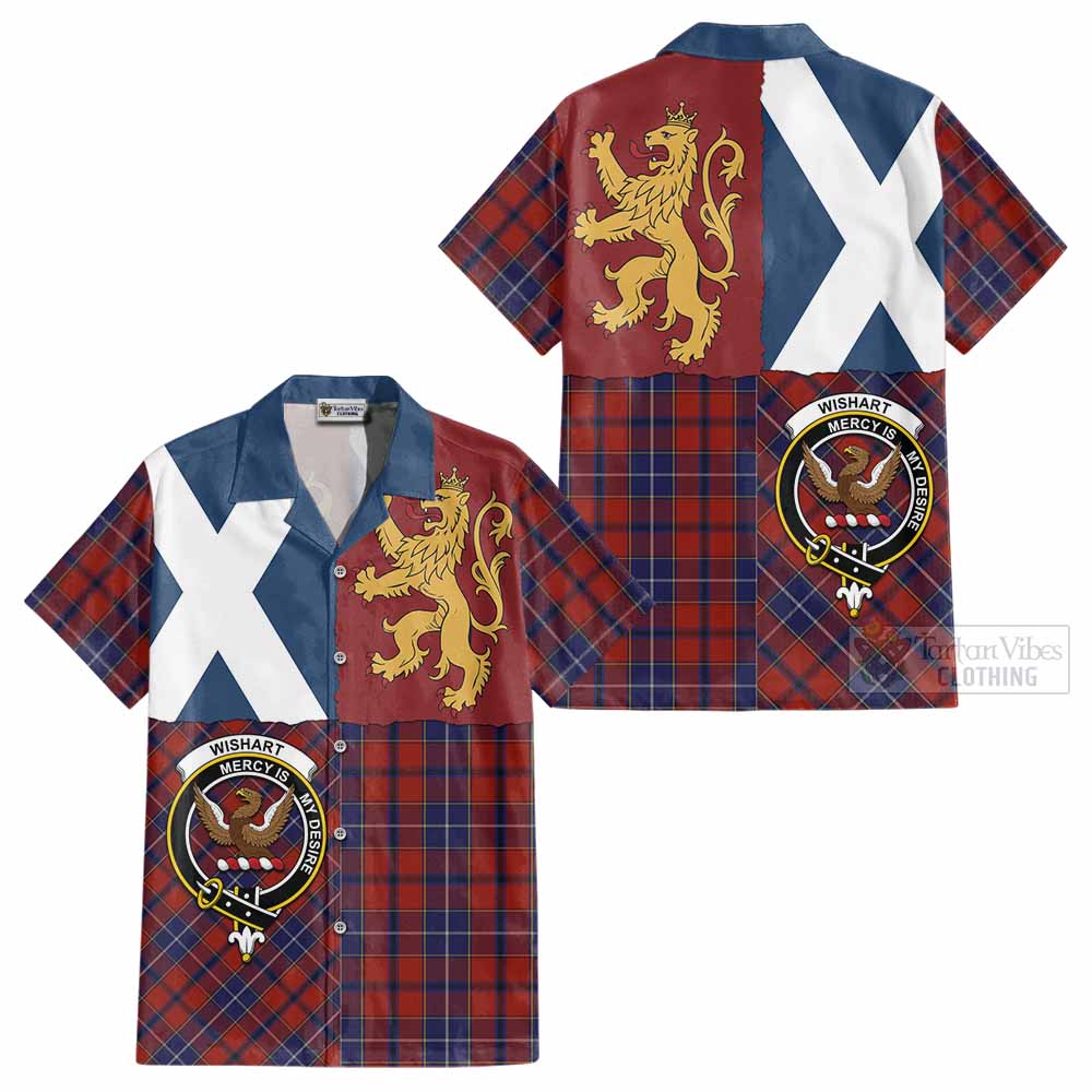 Wishart Crest Tartan Cotton Hawaiian Shirt with Lion Rampant Saltire Style - Tartan Vibes Clothing