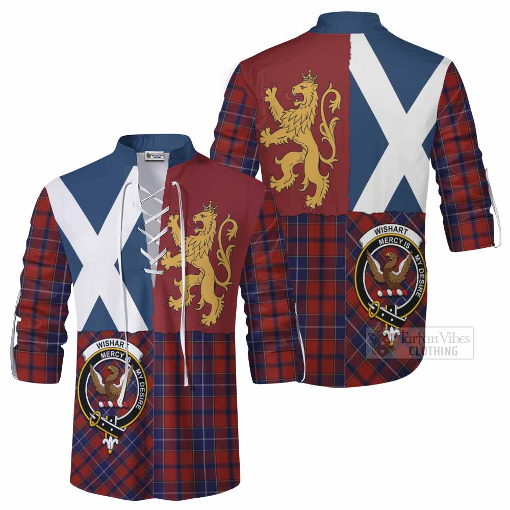 Wishart Crest Tartan Ghillie Shirt with Lion Rampant Saltire Style - Tartan Vibes Clothing